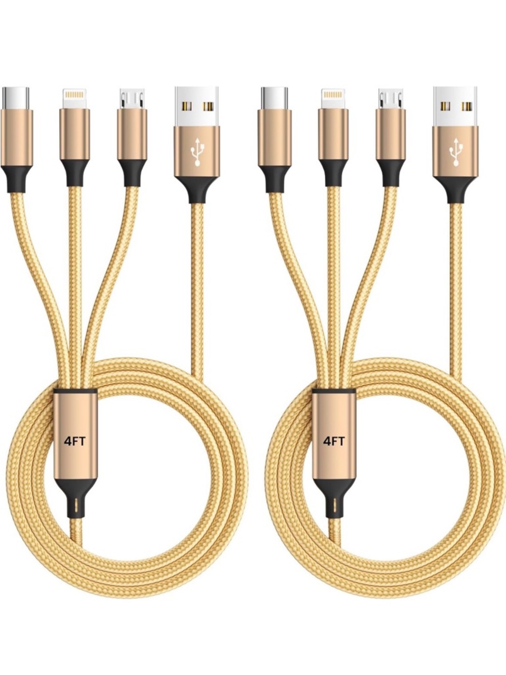 2 pack of 3-in-1 Gold Braided Charging Cable (4FT) - Multi-Device Fast Charge